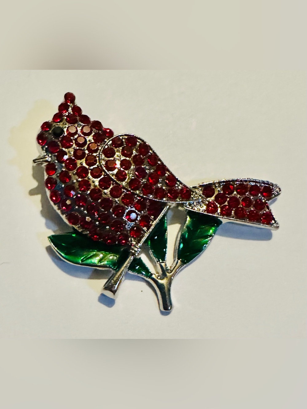 Red Crystal Cardinal Brooch with Green Enamel Leaves  Silver Tone